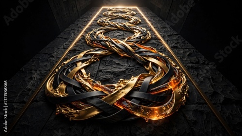 Abstract Golden and Black Intertwined Ribbon Sculpture with Neon Light.