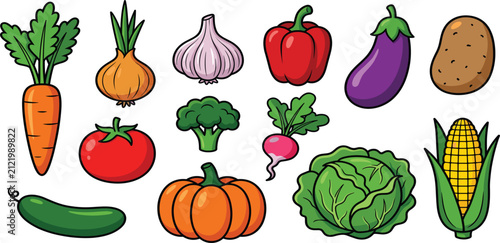 Cute Cartoon Vegetables Illustration Set Featuring Carrot Onion Garlic Bell Pepper Eggplant Potato Tomato Broccoli Radish Cucumber Pumpkin Cabbage and Corn