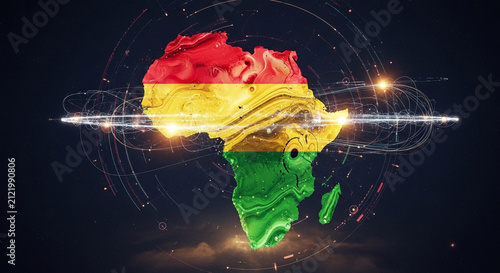 Africa map with pan-African flag colors. Digital continent illustration with glowing light.