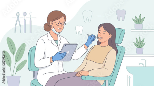 Dentist Examining Patient's Teeth with Tablet, Dental Clinic Scene