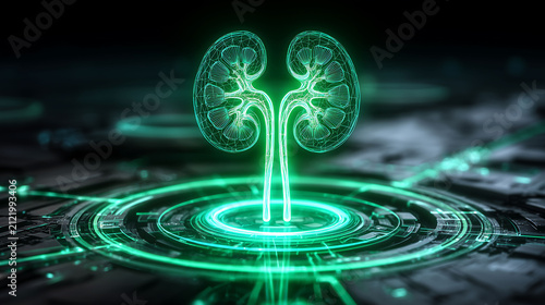 A high-tech digital render showing a glowing green wireframe model of the kidneys over a futuristic interface, representing advanced medical tech and renal health analysis