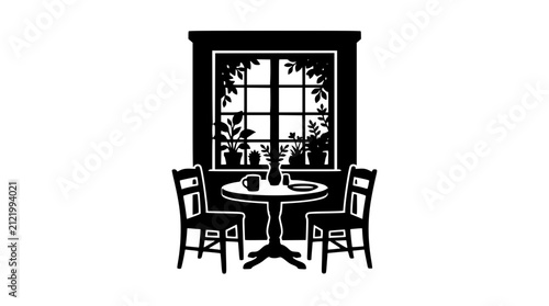 Silhouette of a cozy kitchen breakfast nook with table chairs and window