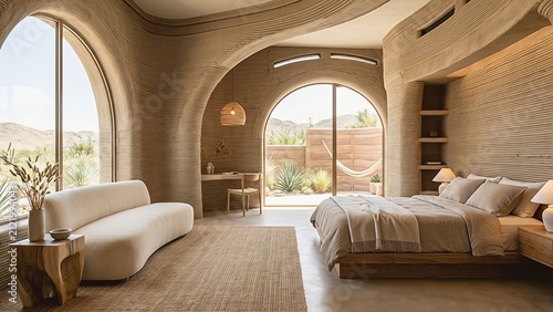 Futuristic rammed earth architecture interior with curved minimalist design