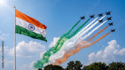 Military jets performing aerial display above soaring national flag against clear blue sky with formation leaving colorful colorful smoke trails waving against bright Independence day