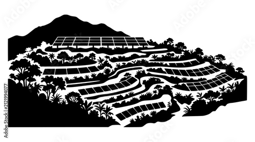 Solar Panels on Terraced Hillside Silhouette Illustration