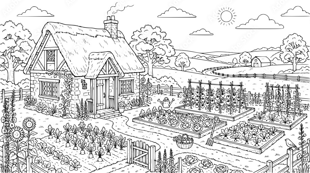 Fototapeta premium Cottage Garden Coloring Page with Vegetable Patch and Rustic House