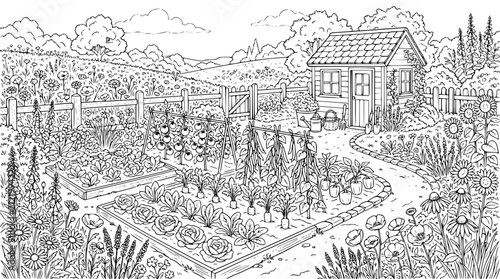 Vegetable Garden and Small Shed Coloring Page for Adults and Kids