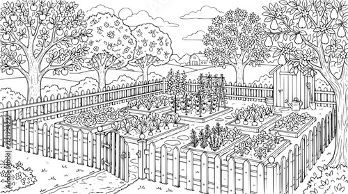 Vegetable Garden and Orchard Coloring Page with Raised Beds