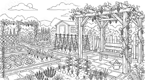 Vegetable Garden Coloring Page with Pergola Bench and Raised Beds