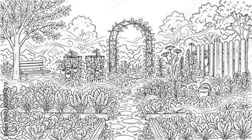 Vegetable Garden Coloring Page with Raised Beds and Archway
