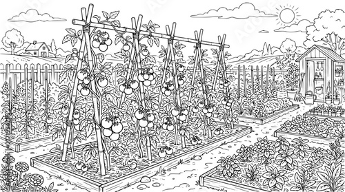 Vegetable Garden Coloring Page with Tomato Plants on Trellises and Garden Shed