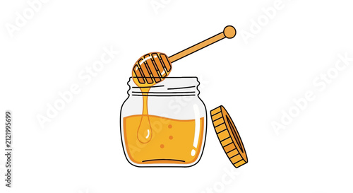 Open jar of honey with dripping wooden dipper