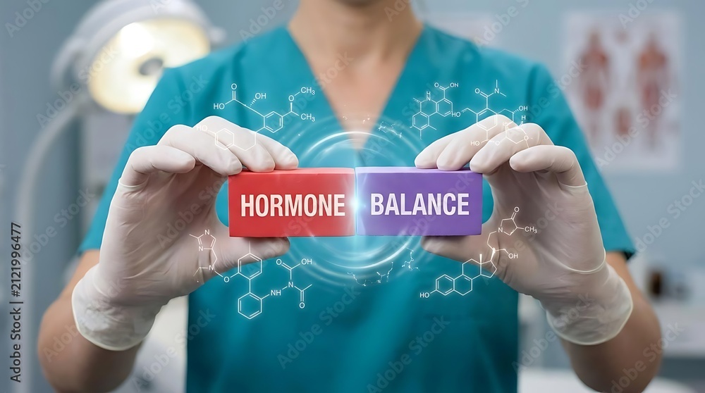 Obraz premium Medical professional holding hormone balance blocks with chemical formulas