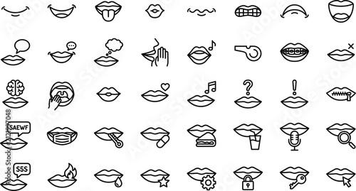Mouth expressions and lips line icons set featuring smile tongue teeth speaking whisper singing eating dental vector