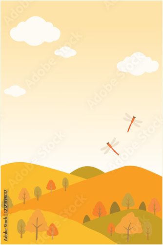 秋の丘とトンボが飛ぶ風景 背景イラスト 秋色の自然テンプレート