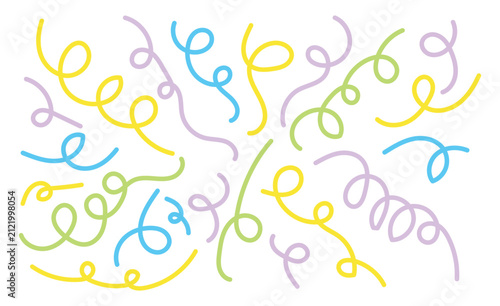 Abstract background featuring colorful hand drawn curly lines and scribbles on a clean white isolated backdrop
