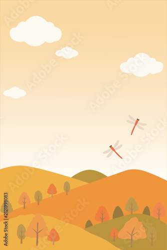 秋の丘とトンボが飛ぶ風景 背景イラスト 秋色の自然テンプレート