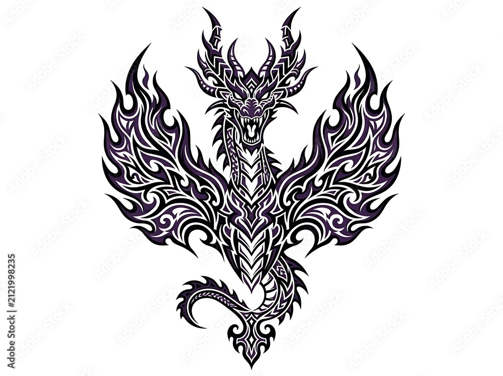 Fototapeta premium Roaring Tribal Dragon Tattoo Flat Illustration