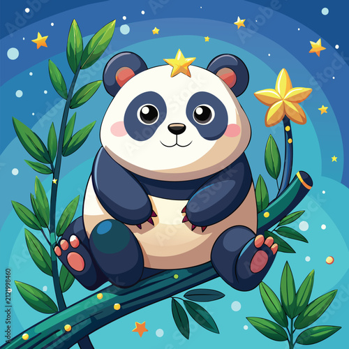 Cute cartoon panda sitting on a branch with flowers