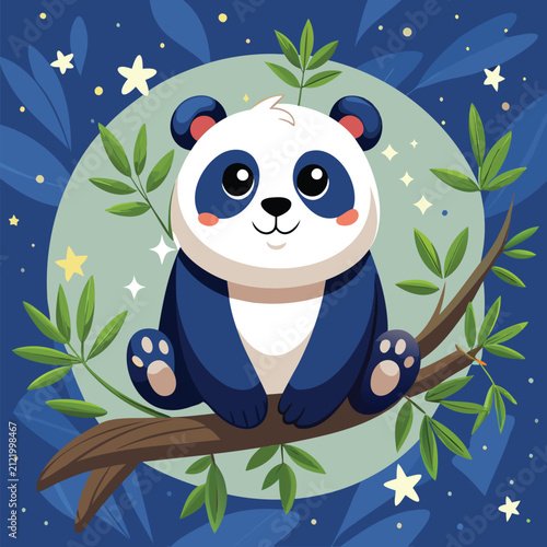 Cute panda wearing a blue jacket sitting on a branch