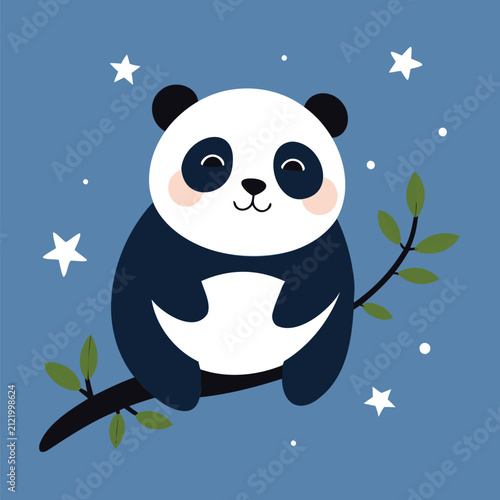 Cute panda eating bamboo leaves under stars
