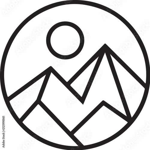 Minimalist mountain landscape line art icon, geometric circular nature badge, black and white outdoor adventure vector illustration for branding