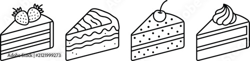 Sweet cake slice vector icon set with strawberry topping creamy layers cherry topping and delicious frosting decorations