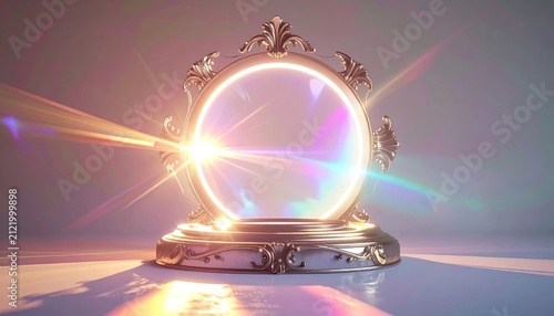 Enchanting Ornate Mirror with Golden Light Rays and Prismatic Glow