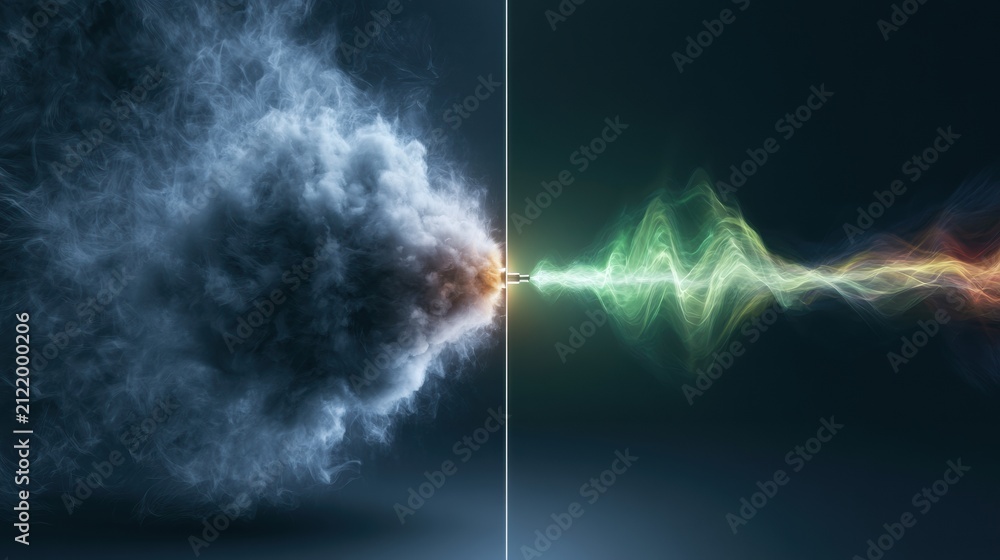 Obraz premium A clear sentiment wave on one side meets muffled smoke on the other. The scene is set in a dark indigo atmosphere with a central divide.