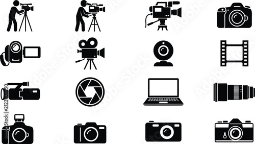 Video production and digital photography glyph icons set featuring movie cameras lenses filmmaking studio equipment vector illustration