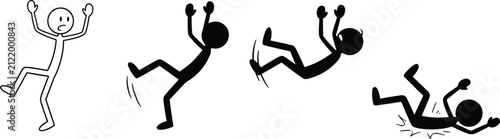 Workplace accident stick figure set showing steps of person losing balance slipping tripping and falling onto ground