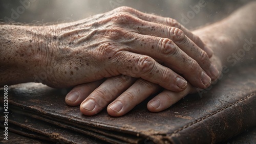 Close-up of elderly hands resting gently on an old book, symbolizing wisdom and history.