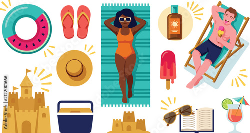 Obraz na płótnie Summer beach vacation and tropical resort holiday vector set with isolated sunbathing people, sandcastle, swim ring, and cocktail elements