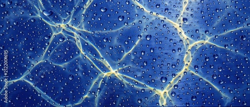 Abstract Blue Background with Water Droplets and Vein-like Patterns.