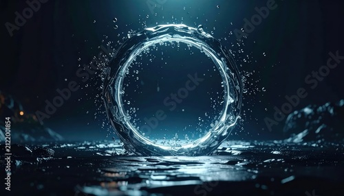 Dynamic water splash forming a ring on dark floor.
