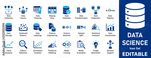 Data Science and Analytics Icon Set. Flat Symbols for Database Storage, Machine Learning, Information Processing and Statistics Design.