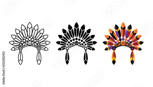 Fotografía Three stylized feather headdresses with detailed native american tribal designs