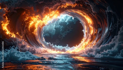 Dramatic swirling vortex of fire and clouds in space