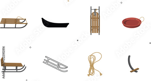 Bild auf Leinwand Winter Sled and Toboggan Vector Icon Set Featuring Vintage Wooden Sleighs Saucer