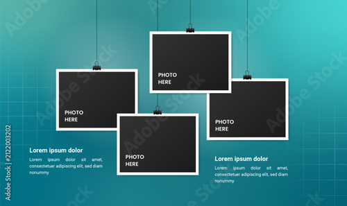 Four hanging photo frames on gradient background