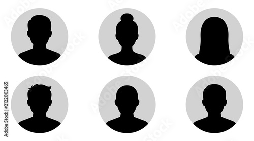 Set of six flat user profile icons with black silhouette heads in grey circles for web interface