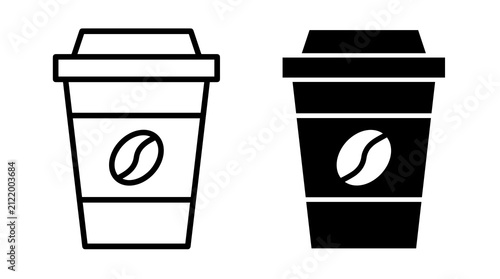 Set of coffee cup icons in line art and solid black silhouette styles for menu design and branding