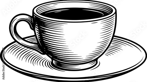Black and white ink sketch of a porcelain coffee cup with saucer, engraving style illustration for