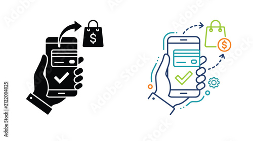 Mobile Payment Icon With Hand Holding Phone Silhouette Style