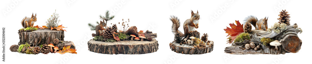 Fototapeta premium PNG Woodland squirrel decor with pinecones and autumn leaves, transparent background