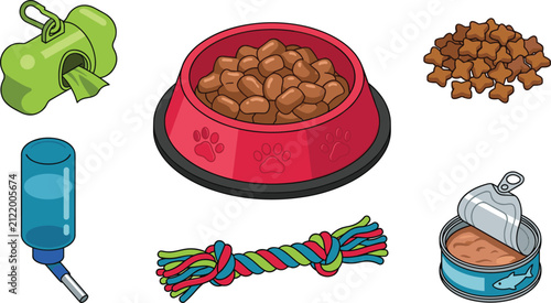 Dog pet care accessories vector illustration set with red kibble bowl waste bag dispenser dry treats water bottle rope toy and open canned food isolated on white background
