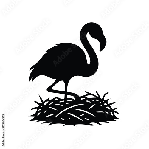 Flamingo Standing on Nest Silhouette Vector Icon Tropical Bird Wildlife Black Clipart Isolated.
