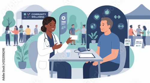 Doctor Consults Patient at Community Wellness Event with Health Icons