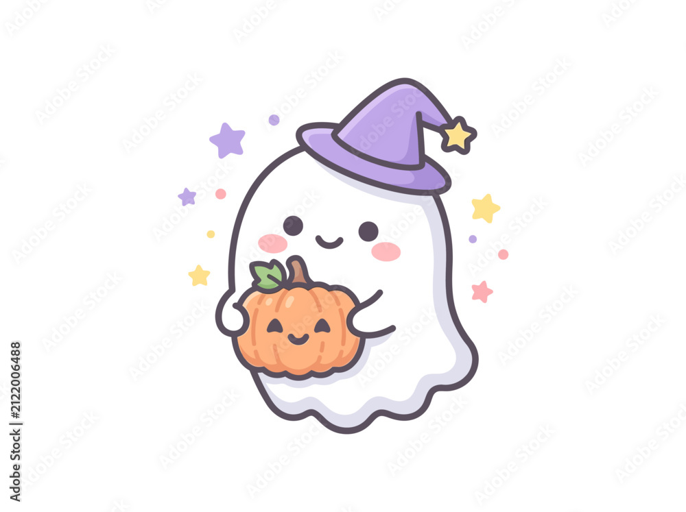 Fototapeta premium Cute Ghost with Witch Hat Holding Pumpkin for Halloween Celebration.