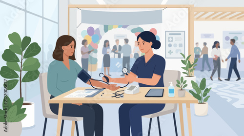 Nurse checking patient's blood pressure at health fair, isolated on transparent background